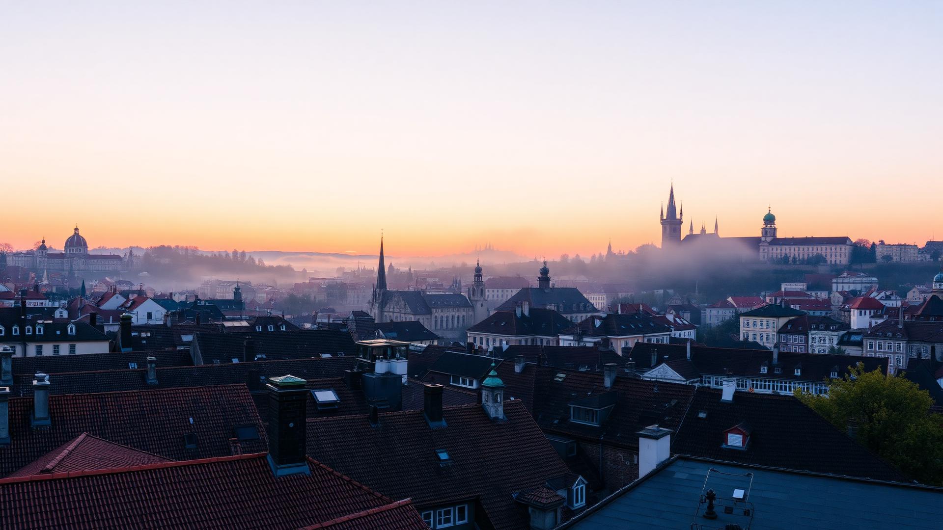 Prague old town rooftops at sunrise